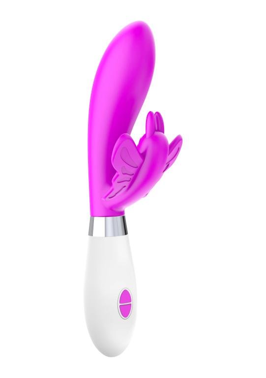 Изогнутый вибратор-кролик Alexios, 21 см, силикон, розовый с белым