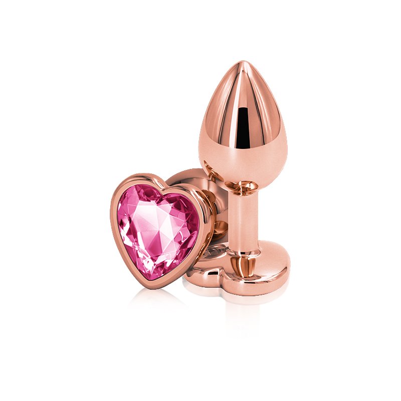 Алюминиевая анальная пробка Kanikule Pink Heart с розовым кристаллом в форме сердца, 7 см х 3,4 см, розовое золото, Medium