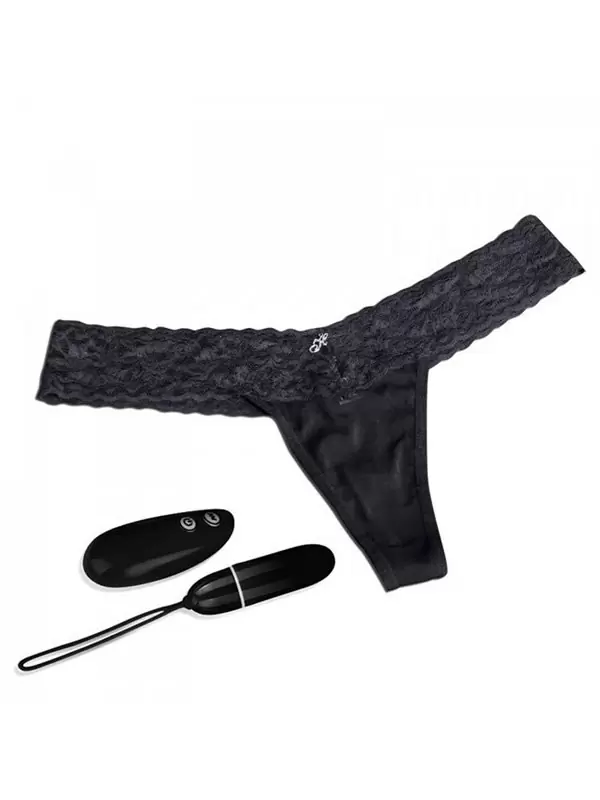 Кружевные трусики-тонг с вибрацией на радиопульте – черный, S/M