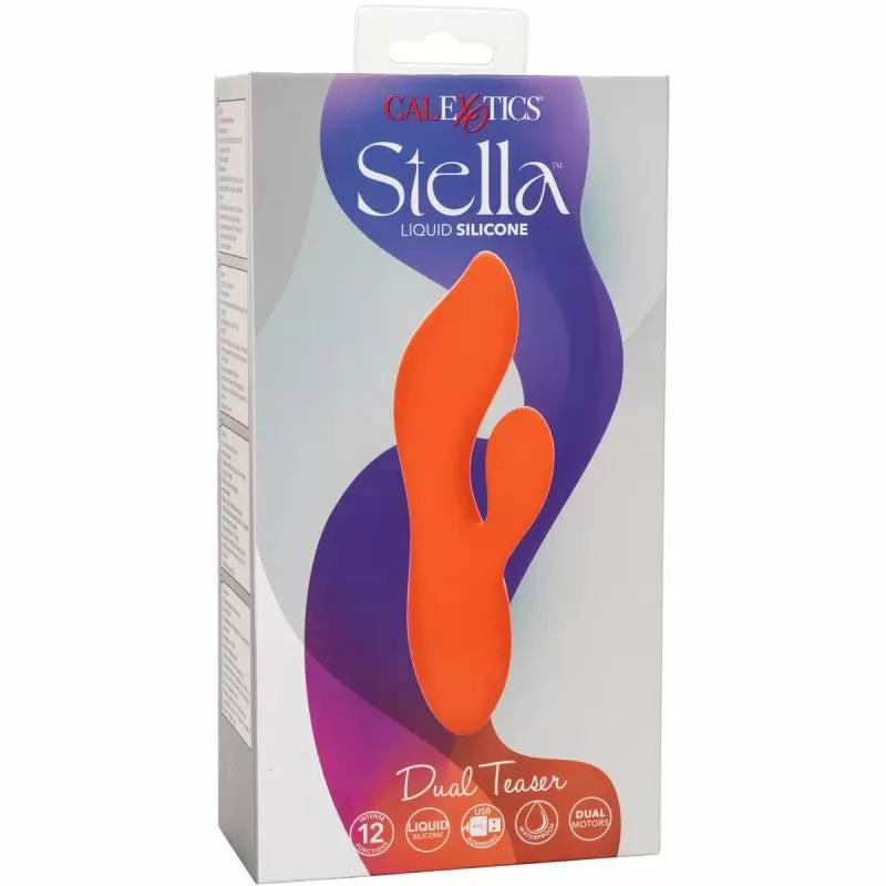 Изогнутый вибратор-кролик Stella Liquid Silicone Dual Teaser, 15,2 см, 12 режимов, оранжевый