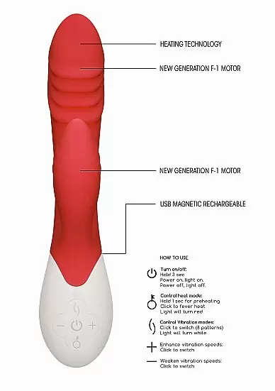 Рельефный вибратор-кролик Sunburst Rechargeable Heating G-Spot Rabbit, с функцией нагрева, 20,8 см, красный