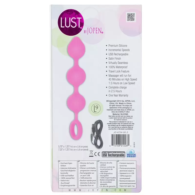 Анальная вибро-цепочка гибкая Lust by Jopen L9 перезаряжаемая – розовая