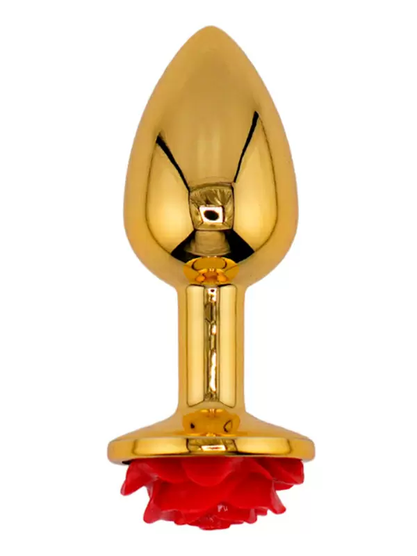 Золотая анальная пробка с ограничителем в форме красной розы, размер S, Kanikule
