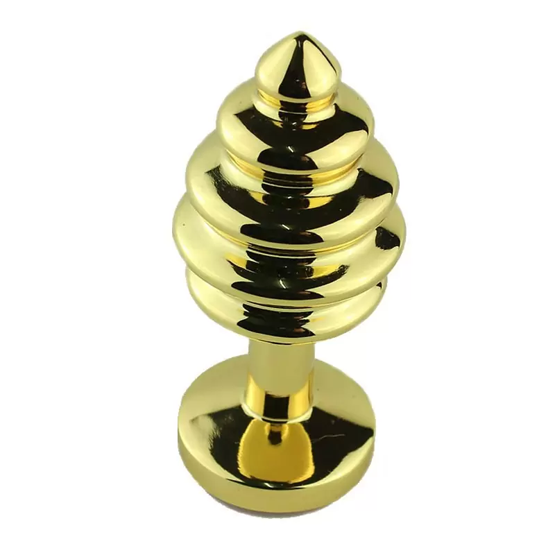 Маленькая анальная пробка Plug Gold ребристая с кристаллом – золотистый/фиолетовый