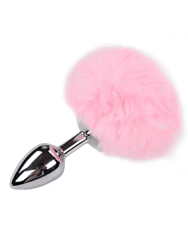 Металлическая анальная пробка Alive Metal Anal Fluffly Plug, розовый заячий хвост, 7 см, диаметр 3,2 см, серебристый