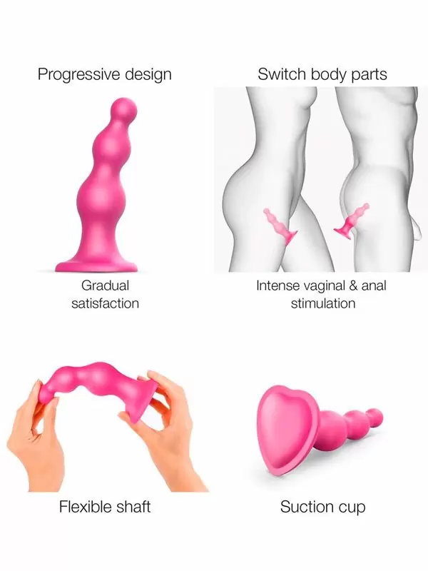 Рельефный фаллоимитатор Strap-On-Me Dildo Plug Beads Framboise, 16 см, силикон, розовый металлик