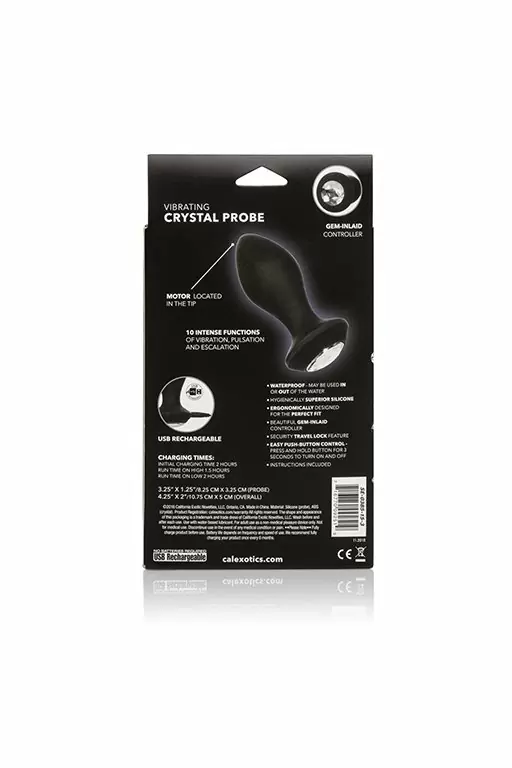 Анальная вибропробка California Power Gem, с белым кристаллом, 9,5 см, 10 режимов, силикон, черный