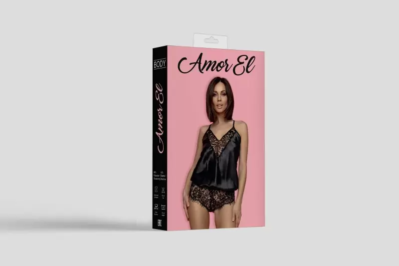 Черное атласное боди с кружевом Badalona Amor El (S/M)