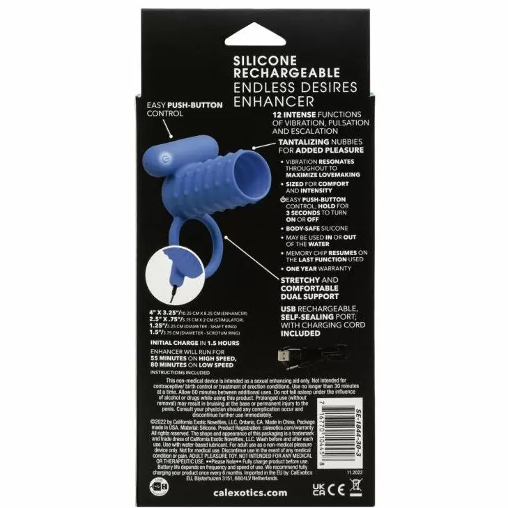 Ребристое виброкольцо-насадка Silicone Rechargeable Endless Desires Enhancer, 10,25 см, силикон, синий 