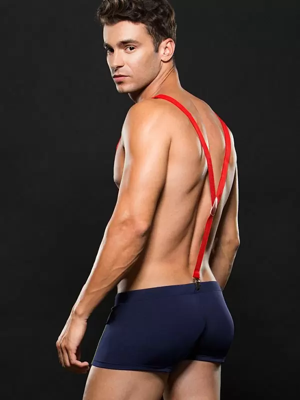 Эротический игровой костюм Envy Fireman «Пожарник»: хипсы с подтяжками - синий, L/XL