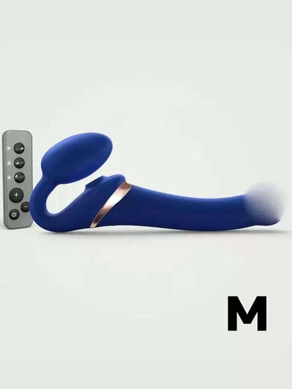 Анатомический страпон Strap-On-Me Multi Orgasm с 3 моторами, безремневой, размер M, синий