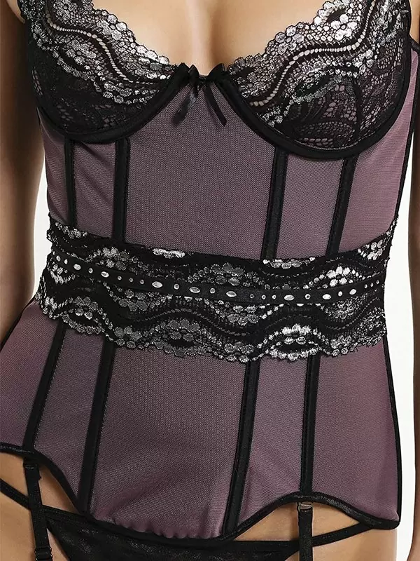 Изысканный лавандовый корсет Coquette с черным сверкающим кружевом – S