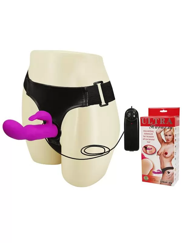 Страпон с насадкой для стимуляции точки G и клитора с вибрацией Ultra Harness – пурпурный