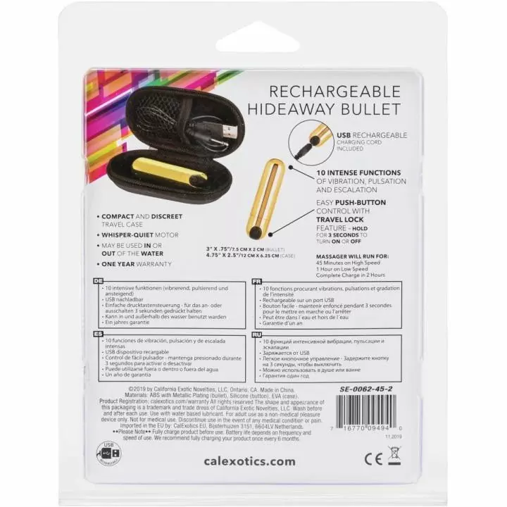 Компактная вибропуля RECHRG HIDEAWAY BULLET - GOLD, в чехле для хранения, 7,5 см, золотой