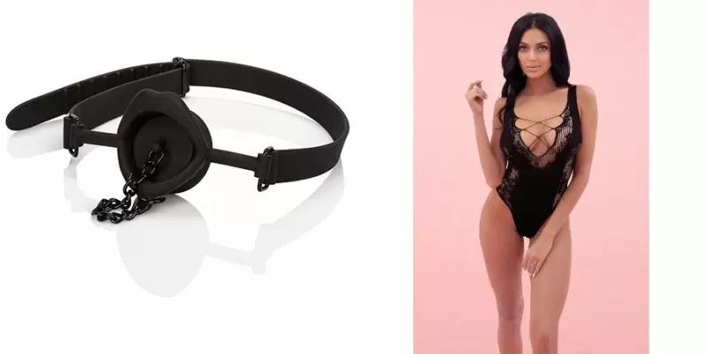 Набор: сексуальный боди, размер S/L, с V-образным воротником, черный и кляп с пробкой, диаметр 3.8 см, черный