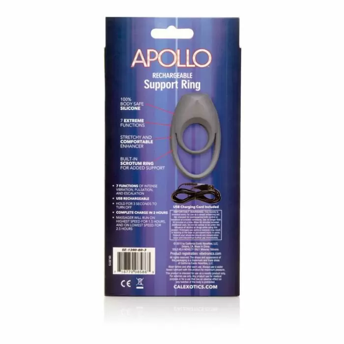 Эрекционное виброкольцо Apollo Rechageable с петлей для мошонки - черный