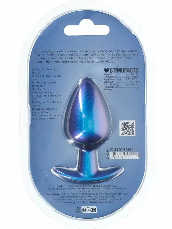 Гладкая анальная пробка Shots toys, 8,9 см, силикон, синий металлик