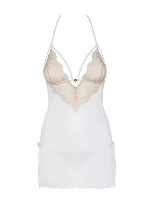 Белая полупрозрачная сорочка с кружевным бюстье и стринги Bisquitta (Obsessive) – S/M