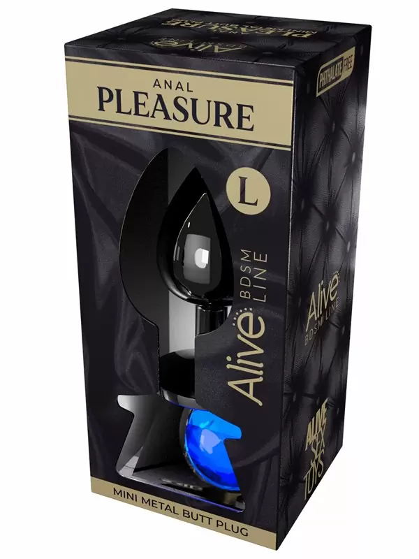 Металлическая анальная пробка Alive Mini Metal Butt, голубой кристалл, 9 см, диаметр 4,1 см, серебристый