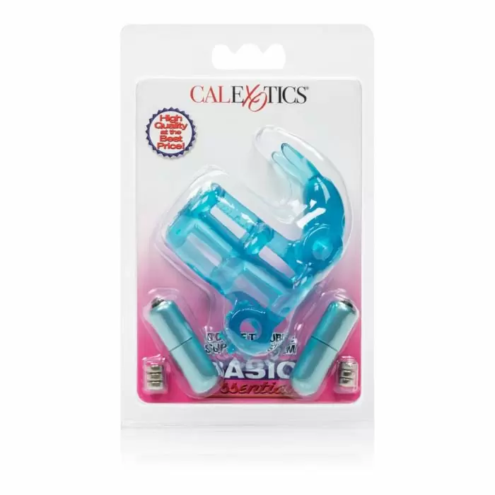 Вибронасадка на пенис Basic Essentials Double Trouble с стимулятором клитора и мошонки - голубой