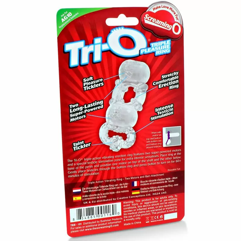 Кольцо на пенис Trio О с двумя стимуляторами и петлей на мошонку – прозрачный