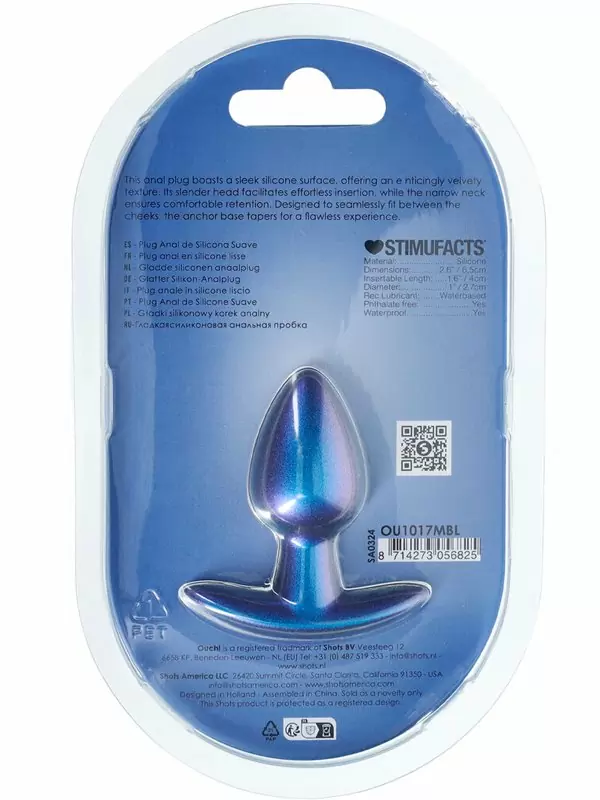 Гладкая анальная пробка Shots toys, 6,5 см, силикон, синий металлик