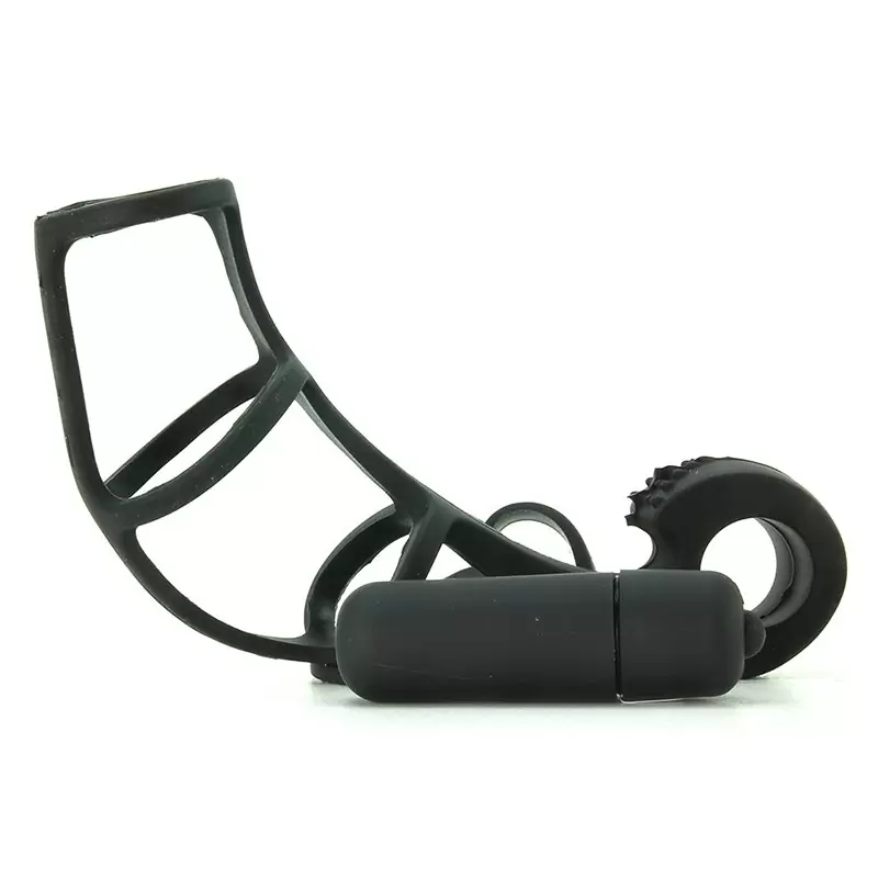 Насадка стимулирующая Beginner's Silicone Power Cage с кольцом на мошонку и вибрацией – черная