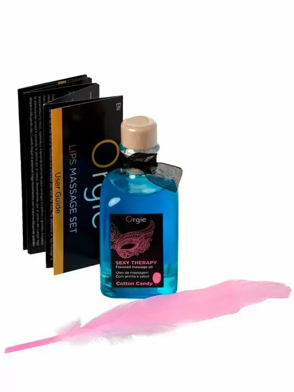 Комплект для сладких игр Orgie Lips массажное масло для поцелуев, перо, сахарная вата, 100 мл