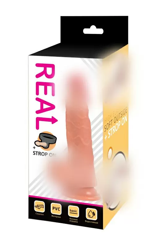 Реалистичный фаллоимитатор REAL с мошонкой на присоске и трусиками для страпона, PVC, 1