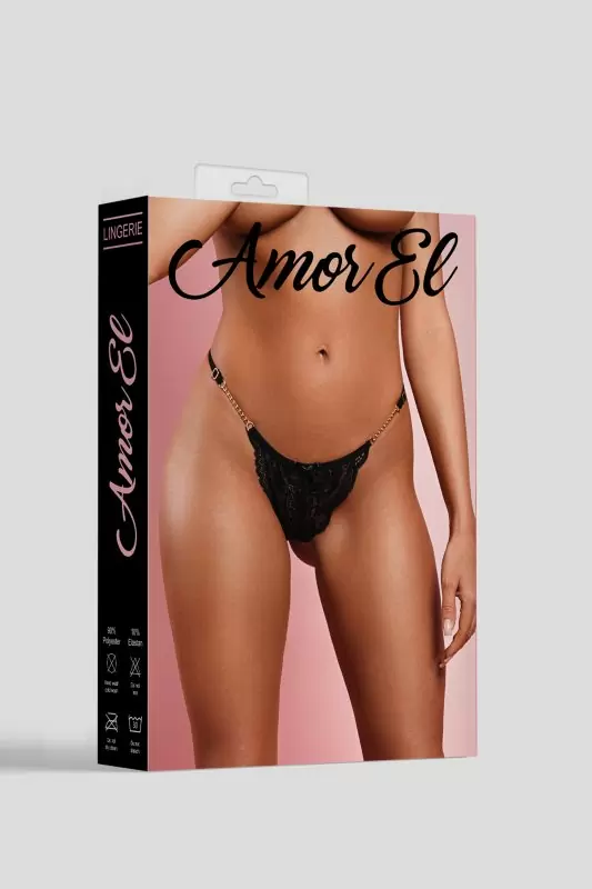 Ажурные стринги с цепью, Amor El, размер L, черные