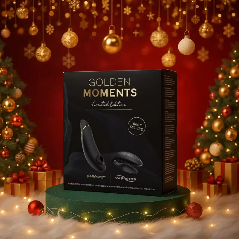 Новогодний набор для пар Golden Moments: Стимулятор клитора Womanizer Premium 2, технология Pleasure Air + Вибратор для пар We-Vibe Chorus, 10 режимов