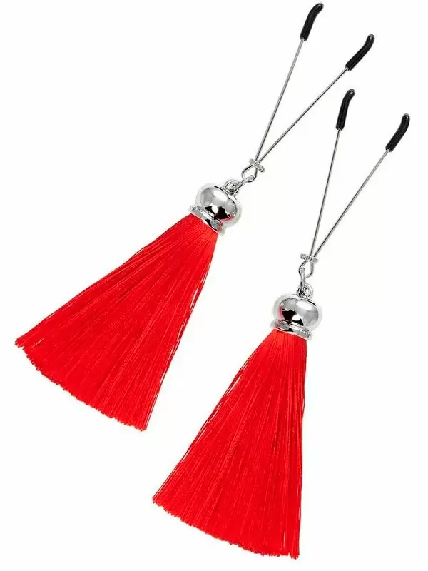 Зажимы на соски Pecado BDSM, «Вилки», с кисточками из шелка, металл, красные