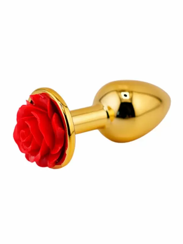 Золотая анальная пробка с ограничителем в форме красной розы, размер S, Kanikule