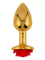 Золотая анальная пробка с ограничителем в форме красной розы, размер S, Kanikule