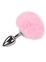 Металлическая анальная пробка Alive Metal Anal Fluffly Plug, розовый заячий хвост, 7 см, диаметр 3,2 см, серебристый