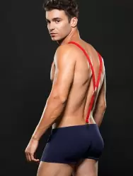 Эротический игровой костюм Envy Fireman «Пожарник»: хипсы с подтяжками - синий, L/XL