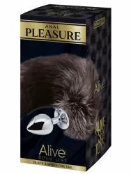 Металлическая анальная пробка Alive Black And White Fox Tail, 7 см, с пушистым хвостом, серебристый