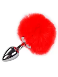 Металлическая анальная пробка Alive Metal Anal Fluffly Plug, красный заячий хвост, 7 см, диаметр 3,2 см, серебристый
