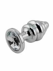 Серебряная ребристая анальная пробка с прозрачным кристаллом (Medium)