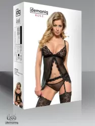 Сорочка с тонким поясом для чулок и трусиками Demoniq Rose черного цвета – S