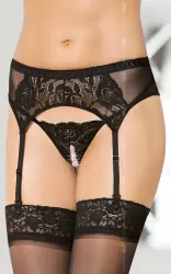 Пояс для чулок и стринги с разрезом Softland черного цвета – S/M