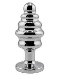 Серебряная ребристая анальная пробка с прозрачным кристаллом (Medium)