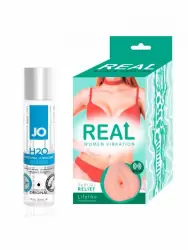 Мужской набор: Реалистичный односторонний мастурбатор Real Women Vibration с вибрацией 14 см. и Лубрикант на водной основе JO H2O Original – 30 мл