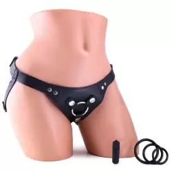 Страпон-трусики с вибрацией Leather Low-Rider Harness кожаные 