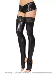 Глянцевые чулки на широкой кружевной резинке с открытыми пальчиками Liquid Glam Coquette – черный