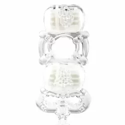 Кольцо на пенис Trio О с двумя стимуляторами и петлей на мошонку – прозрачный