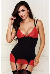 Романтичная облегающая сорочка с подвязками для чулок и стрингами Baci White Label – S/M