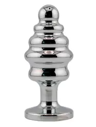 Серебряная ребристая анальная пробка темно-зеленым кристаллом (Medium)