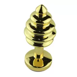 Маленькая анальная пробка Plug Gold ребристая с кристаллом – золотистый/синий