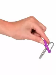 Компактный уретральный стимулятор Orion Penis Plug, с силиконовым кольцом под головку, 4,5 см, металл, серебристый с фиолетовым